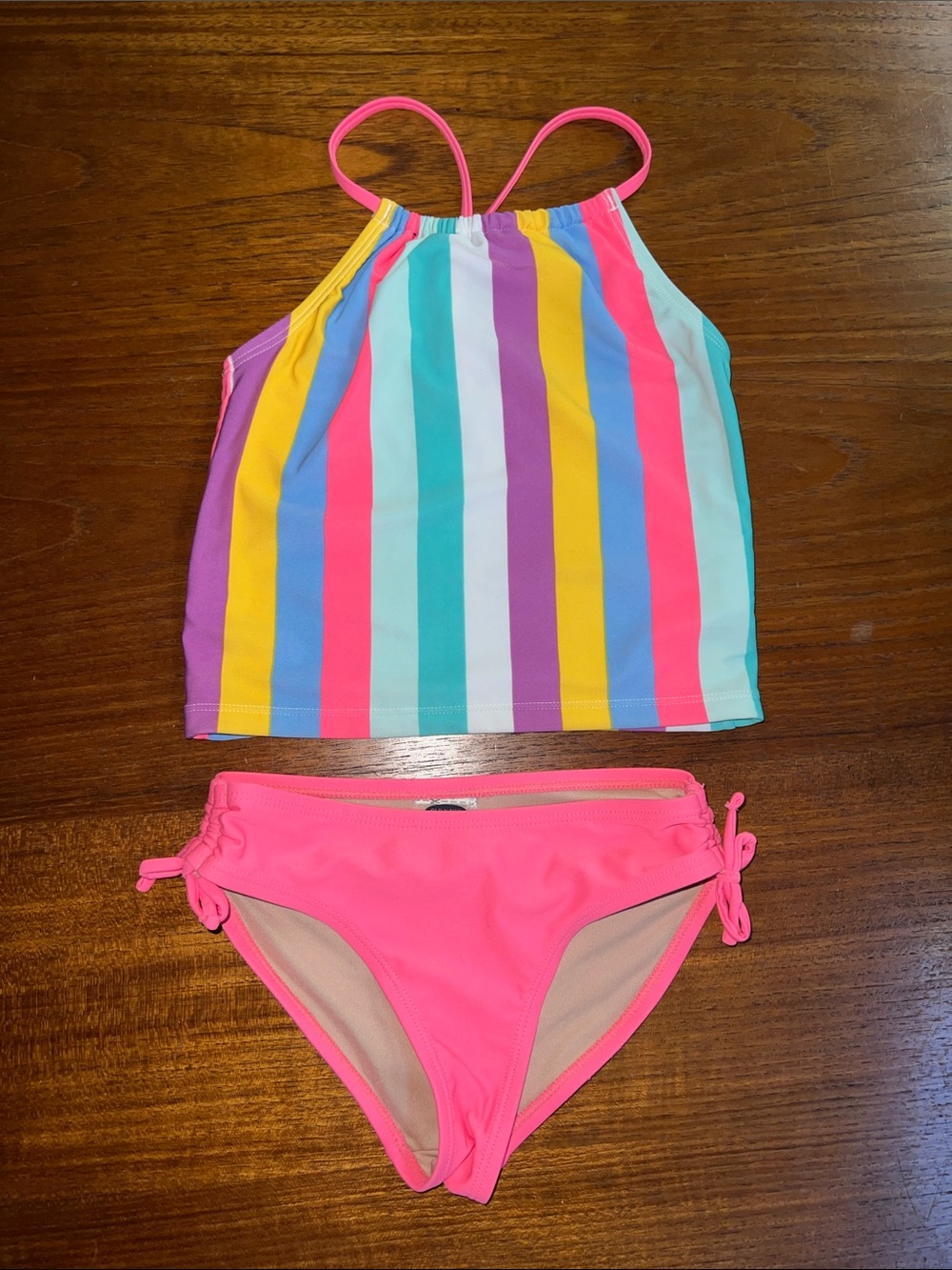 Girls' Neon Pink Stripe Tankini Set - Kids Swim